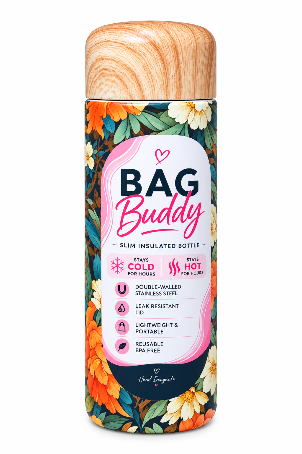 Bag Buddy 180ml Mini Bottle Green Floral- Double Insulated Hydration Bottle