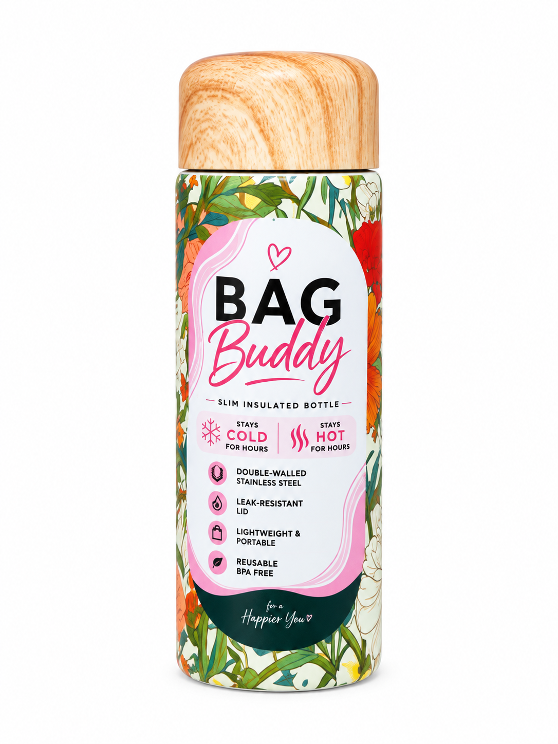 Bag Buddy 180ml Mini Bottle White Flower - Double Insulated Hydration Bottle