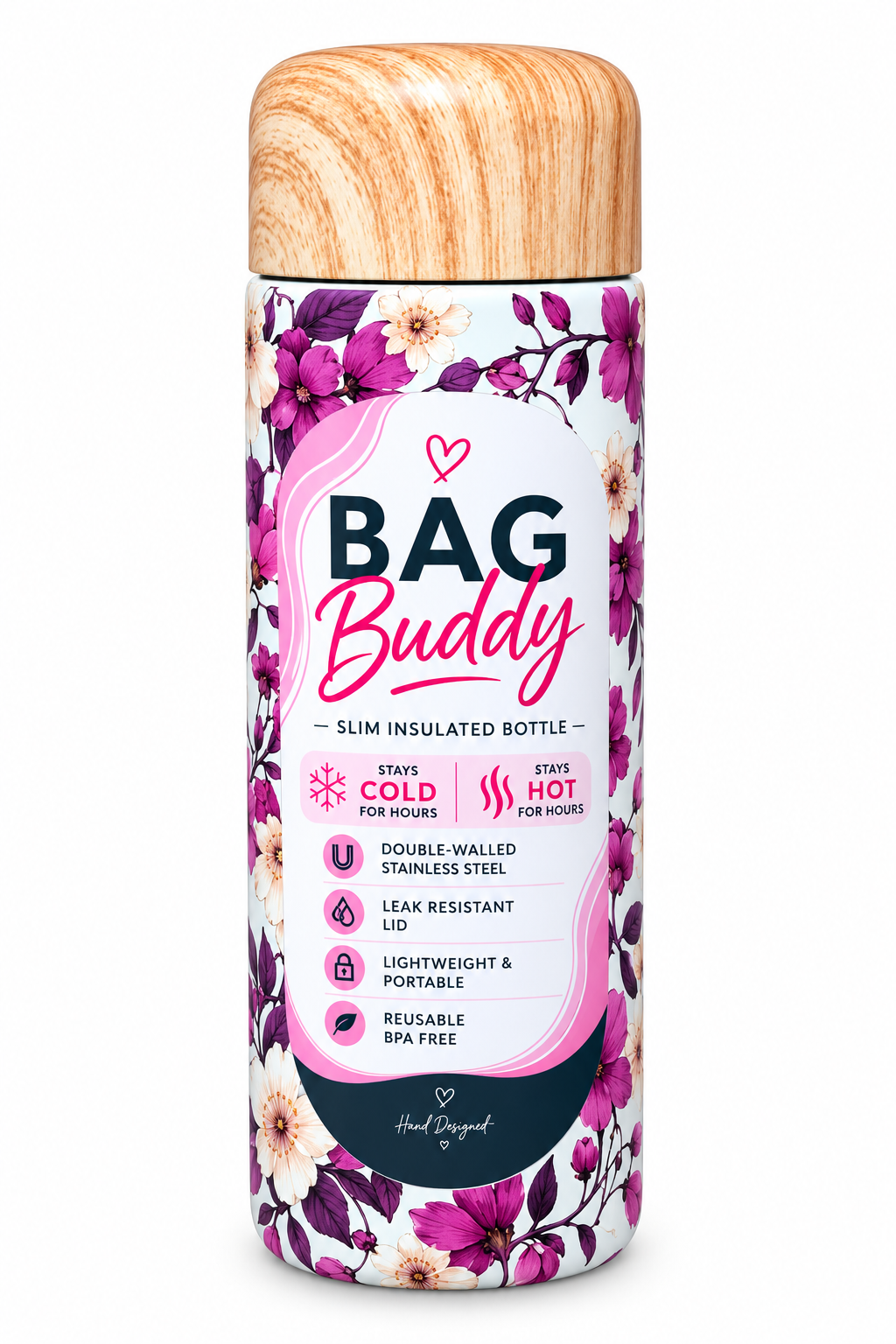 Bag Buddy 180ml Mini Bottle Purple Floral - Double Insulated Hydration Bottle